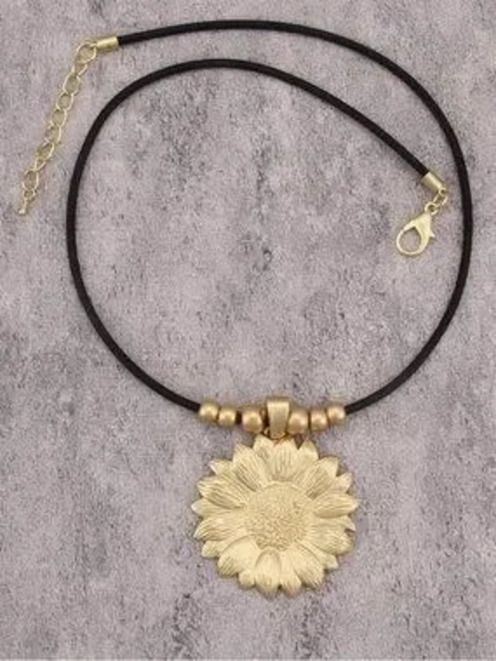Anthropologie Gold Sunflower Pendant on Black Cord Necklace